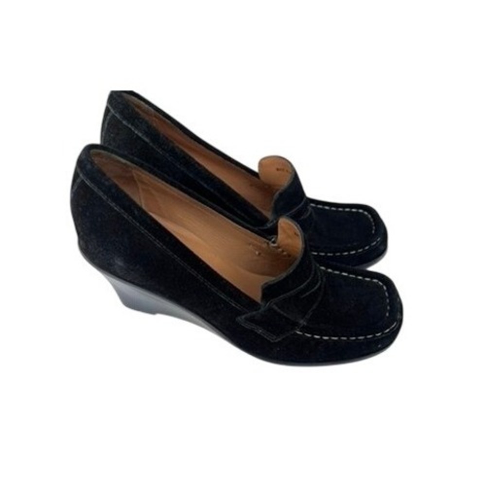 KORS Michael Kors Black Suede Wedge Penny Loafers Square Toe Size 8.5 M Brazil